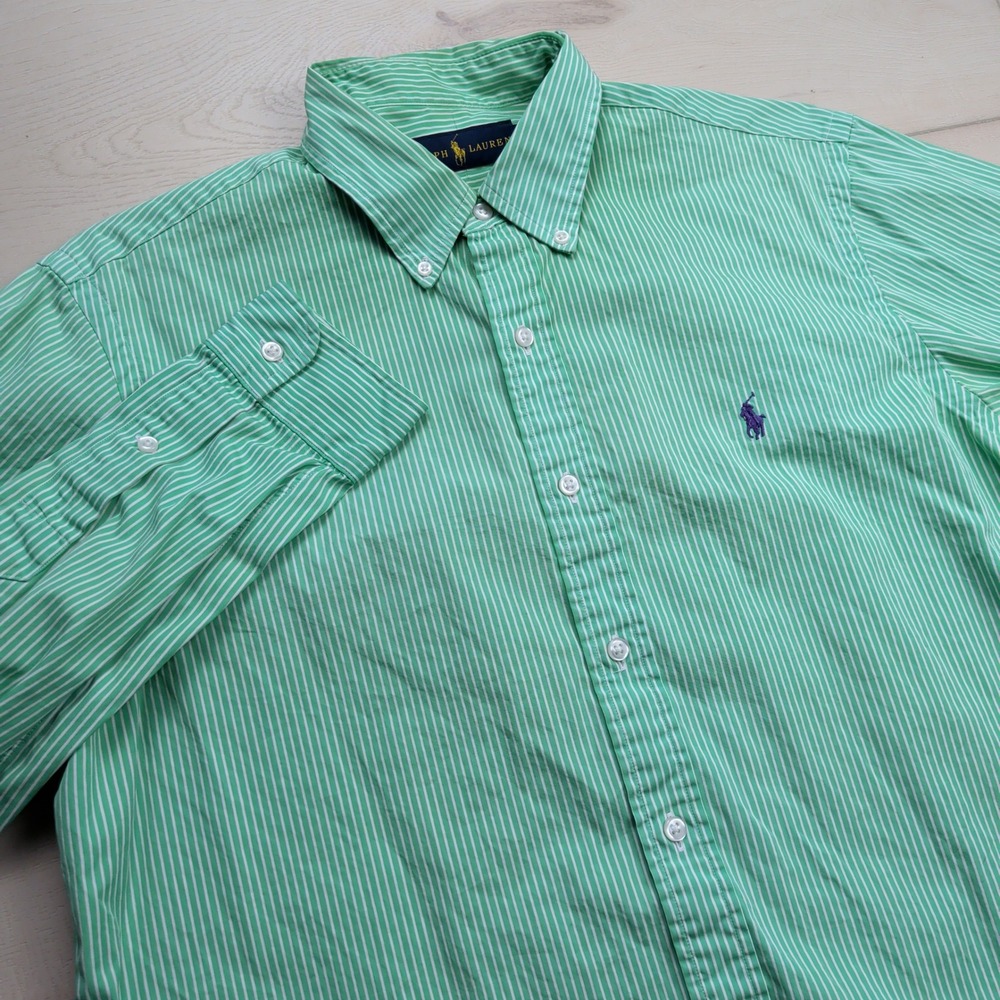 Ralph Lauren Shirt Mens 16 Green White Striped Button Down Long Sleeve Cotton‎